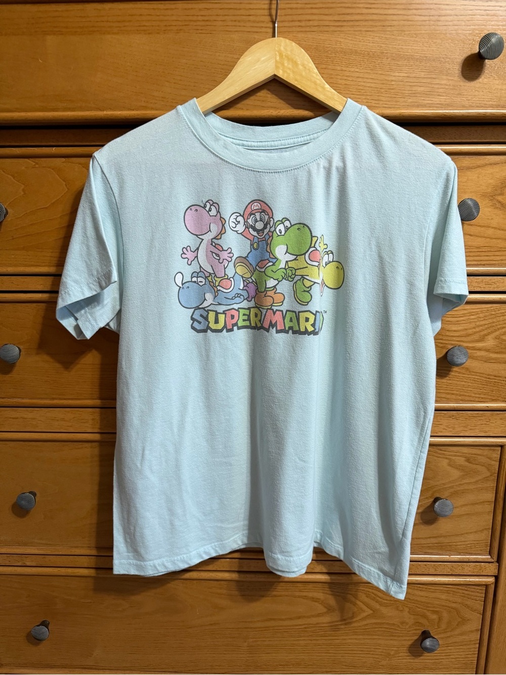 Super Mario Light Blue Yoshi Mario Short Sleeve Graphic Crew Shirt Size XL